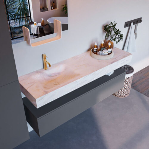 MONDIAZ ALAN-DLUX 150cm mueble de baño Plata 1 cajón. Lavabo CLOUD Izquierda 1 orificio color Ostra.