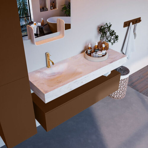 MONDIAZ ALAN-DLUX 130cm mueble de baño Rust 1 cajón. Lavabo CLOUD Izquierda 1 orificio color Ostra.