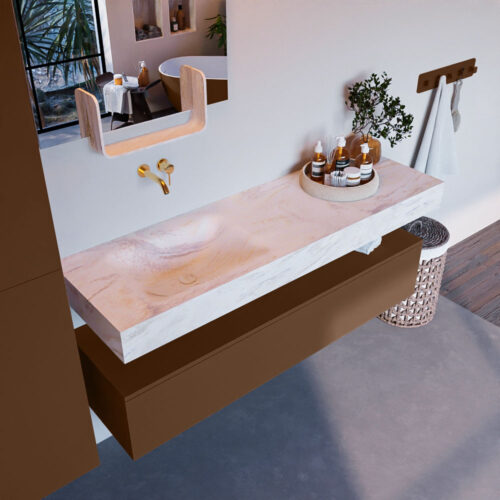 MONDIAZ ALAN-DLUX 150cm mueble de baño Rust 1 cajón. Lavabo CLOUD Izquierda sin orificios color Ostra.