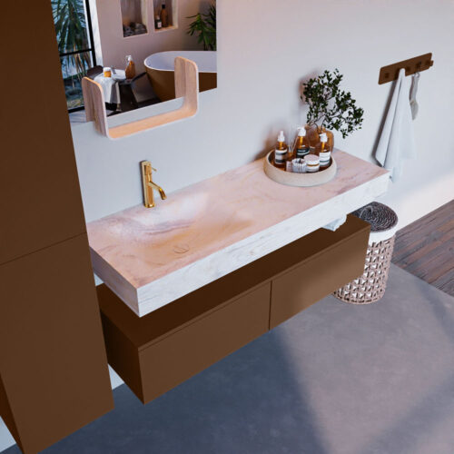 MONDIAZ ALAN-DLUX 130cm mueble de baño Rust 2 cajones. Lavabo CLOUD Izquierda 1 orificio color Ostra.