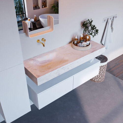 MONDIAZ ALAN-DLUX 130cm mueble de baño Talc 2 cajones. Lavabo CLOUD Izquierda sin orificios color Ostra.