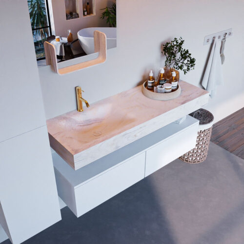 MONDIAZ ALAN-DLUX 130cm mueble de baño Talc 2 cajones. Lavabo CLOUD Izquierda 1 orificio color Ostra.