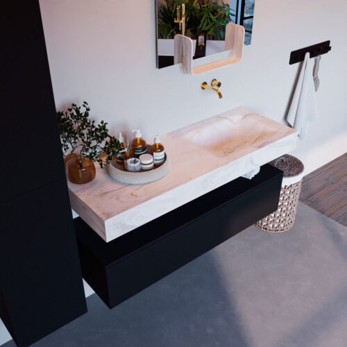 MONDIAZ ALAN-DLUX 130cm mueble de baño Urban 1 cajón. Lavabo CLOUD Derecho sin orificios color Ostra.