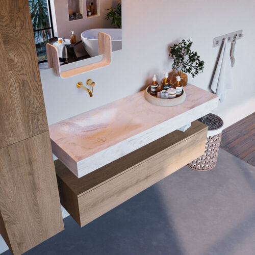 MONDIAZ ALAN-DLUX 130cm mueble de baño Washed Oak 1 cajón. Lavabo CLOUD Izquierda sin orificios color Ostra.