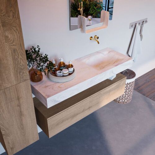 MONDIAZ ALAN-DLUX 130cm mueble de baño Washed Oak 1 cajón. Lavabo CLOUD Derecho sin orificios color Ostra.