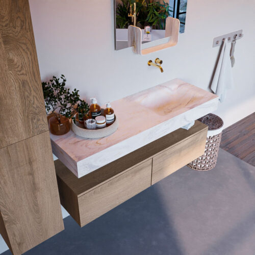 MONDIAZ ALAN-DLUX 130cm mueble de baño Washed Oak 2 cajones. Lavabo CLOUD Derecho sin orificios color Ostra.