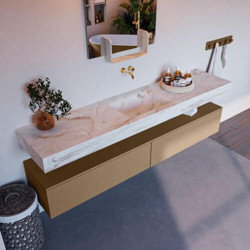 MONDIAZ ALAN-DLUX 200cm mueble de baño Oro 2 cajones. Lavabo CLOUD Centro sin orificios color Frappe.