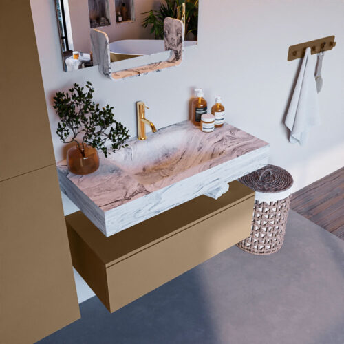 MONDIAZ ALAN-DLUX 90cm mueble de baño Oro 1 cajón. Lavabo CLOUD Centro 1 orificio color Glace.