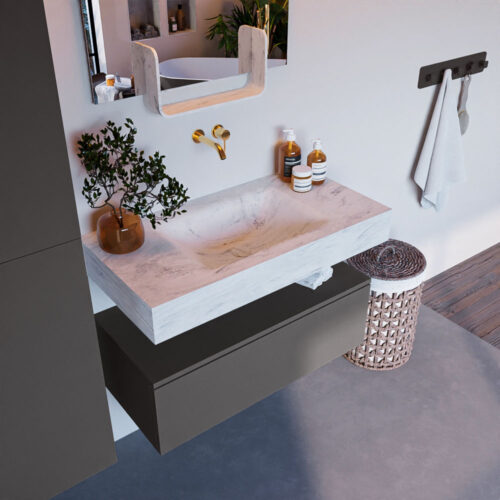 MONDIAZ ALAN-DLUX 90cm mueble de baño Dark Grey 1 cajón. Lavabo CLOUD Centro sin orificios color Opalo.