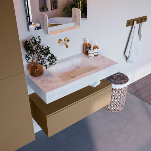 MONDIAZ ALAN-DLUX 90cm mueble de baño Oro 1 cajón. Lavabo CLOUD Centro sin orificios color Opalo.