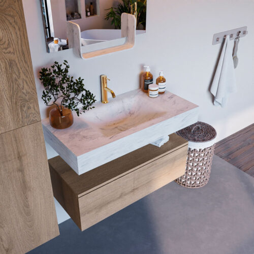 MONDIAZ ALAN-DLUX 90cm mueble de baño Washed Oak 1 cajón. Lavabo CLOUD Centro 1 orificio color Opalo.