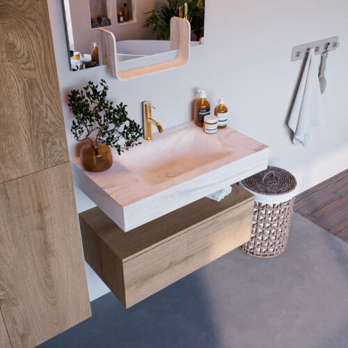 MONDIAZ ALAN-DLUX 80cm mueble de baño Washed Oak 1 cajón. Lavabo CLOUD Centro 1 orificio color Ostra.