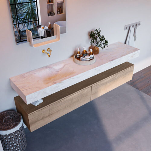 MONDIAZ ALAN-DLUX 200cm mueble de baño Washed Oak 2 cajones. Lavabo CLOUD Izquierda sin orificios color Ostra.