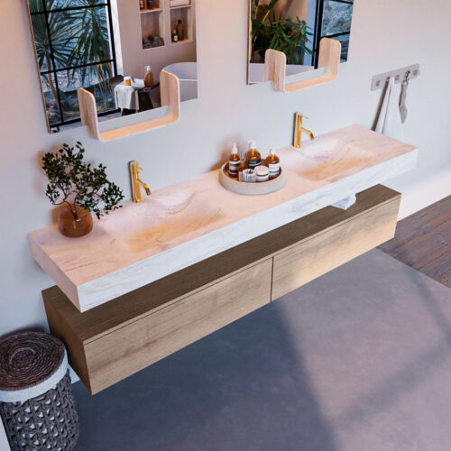 MONDIAZ ALAN-DLUX 200cm mueble de baño Washed Oak 2 cajones. Lavabo CLOUD Doble 2 orificios color Ostra.