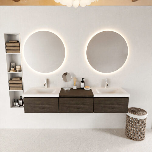 MONDIAZ BUKLA 180cm mueble de baño con módulo 60 Dark Brown 3 cajones. Lavabo CLOUD duble 1 orificio color Talc - Imagen 3