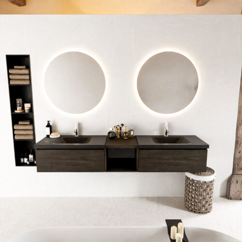 MONDIAZ BUKLA 200cm mueble de baño con módulo abierto 40 Dark Brown 2 cajones. Lavabo CLOUD duble 2 orificios color Urban - Imagen 3