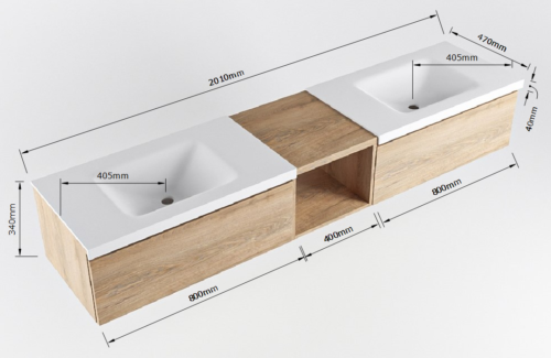 MONDIAZ BUKLA 200cm mueble de baño con módulo abierto 40 Dark Brown 2 cajones. Lavabo CLOUD duble 2 orificios color Urban - Imagen 7