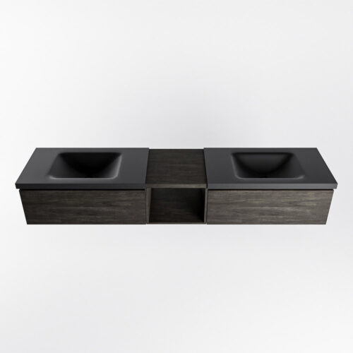 MONDIAZ BUKLA 200cm mueble de baño con módulo abierto 40 Dark Brown 2 cajones. Lavabo CLOUD duble 2 orificios color Urban - Imagen 6