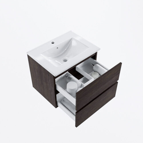 MONDIAZ VICA 60cm mueble de baño Dark Brown 2 cajones. Lavabo DENIA Centro 1 orificio, color Blanco brillo. - Imagen 7