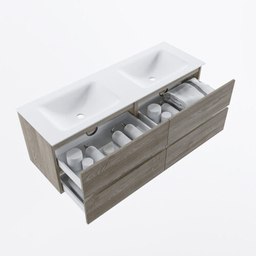 MONDIAZ VICA 140cm mueble de baño Light Brown Grey 4 cajones. Lavabo CLOUD Doble sin orificio, color Talc. - Imagen 7