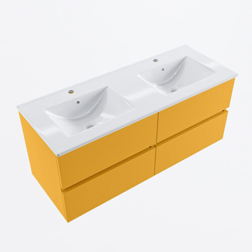 MONDIAZ VICA 120cm mueble de baño Ocher 4 cajones. Lavabo DENIA Doble 2 orificios, color Blanco brillo. - Imagen 6