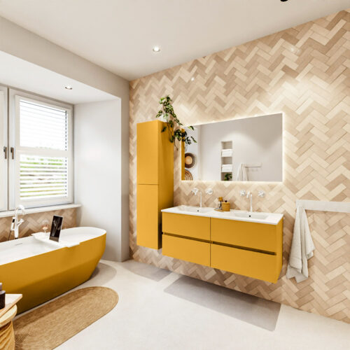 MONDIAZ VICA 120cm mueble de baño Ocher 4 cajones. Lavabo DENIA Doble 2 orificios, color Blanco brillo. - Imagen 4