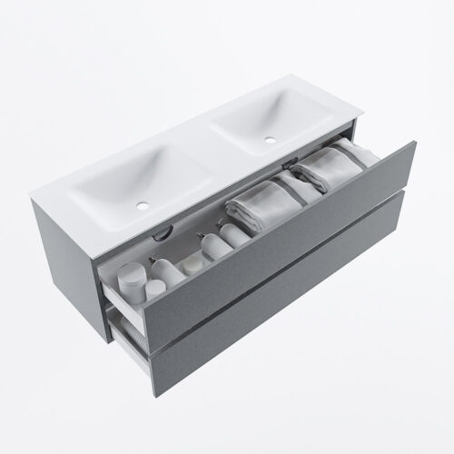 MONDIAZ VICA 140cm mueble de baño Plata 2 cajones. Lavabo CLOUD Doble 2 orificios, color Talc. - Imagen 6