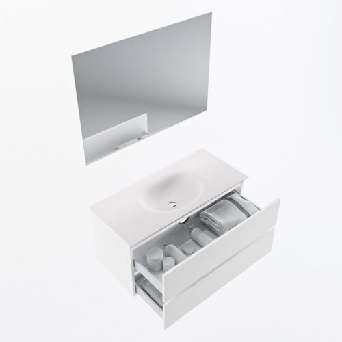 MONDIAZ VICA 100cm mueble de baño Talc 2 cajones. Lavabo MOON Centro sin orificio color Talc con espejo LED. - Imagen 7