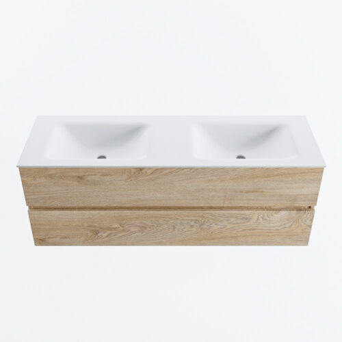 MONDIAZ VICA 140cm mueble de baño Washed Oak 2 cajones. Lavabo CLOUD Doble 2 orificios, color Talc. - Imagen 4