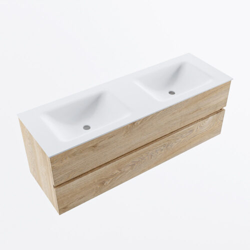 MONDIAZ VICA 140cm mueble de baño Washed Oak 2 cajones. Lavabo CLOUD Doble 2 orificios, color Talc. - Imagen 5