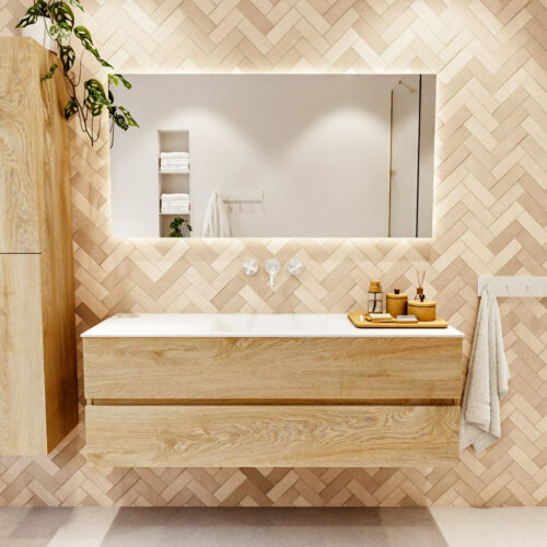 MONDIAZ VICA 140cm mueble de baño Washed Oak 2 cajones. Lavabo CLOUD Centro sin orificio