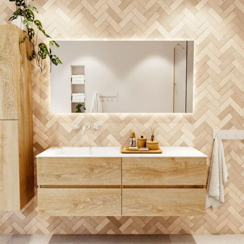 MONDIAZ VICA 140cm mueble de baño Washed Oak 4 cajones. Lavabo CLOUD Izquierda sin orificio