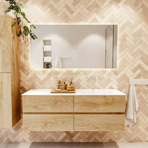 MONDIAZ VICA 140cm mueble de baño Washed Oak 4 cajones. Lavabo CLOUD Derecho sin orificio