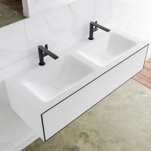 MONDIAZ LAGOM 120cm mueble de baño solid surface Urban 1 cajón lavabo CLOUD Doble 2 orificios