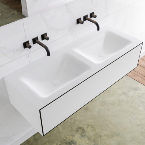 MONDIAZ LAGOM 120cm mueble de baño solid surface Urban 1 cajón lavabo CLOUD Doble sin orificio