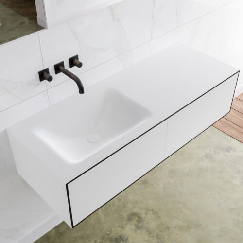 MONDIAZ LAGOM 120cm mueble de baño solid surface Urban 2 cajones lavabo CLOUD Izquierda sin orificio