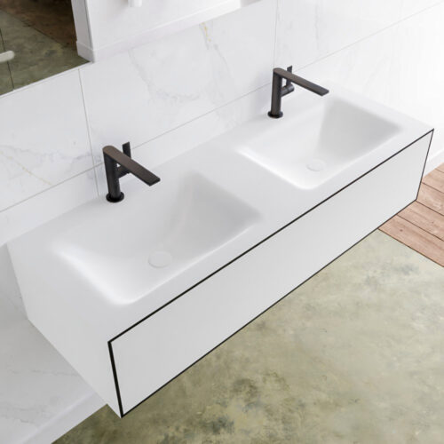 MONDIAZ LAGOM 130cm mueble de baño solid surface Urban 1 cajón lavabo CLOUD Doble 2 orificios