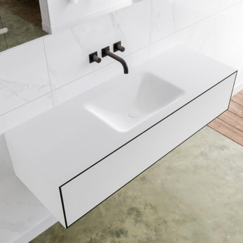 MONDIAZ LAGOM 130cm mueble de baño solid surface Urban 1 cajón lavabo CLOUD Centro sin orificio