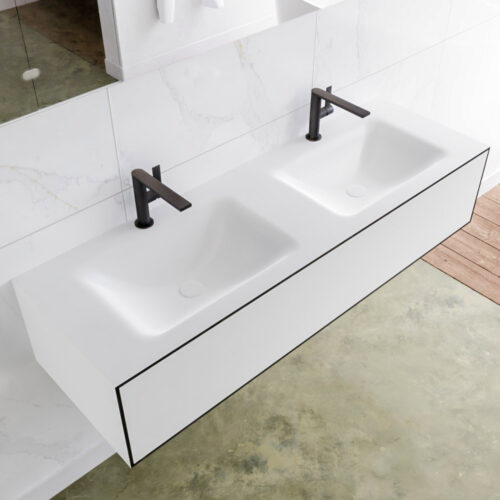 MONDIAZ LAGOM 140cm mueble de baño solid surface Urban 1 cajón lavabo CLOUD Doble 2 orificios