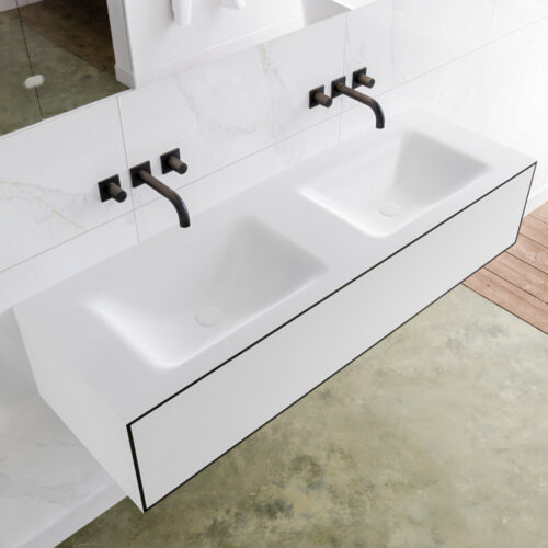 MONDIAZ LAGOM 140cm mueble de baño solid surface Urban 1 cajón lavabo CLOUD Doble sin orificio