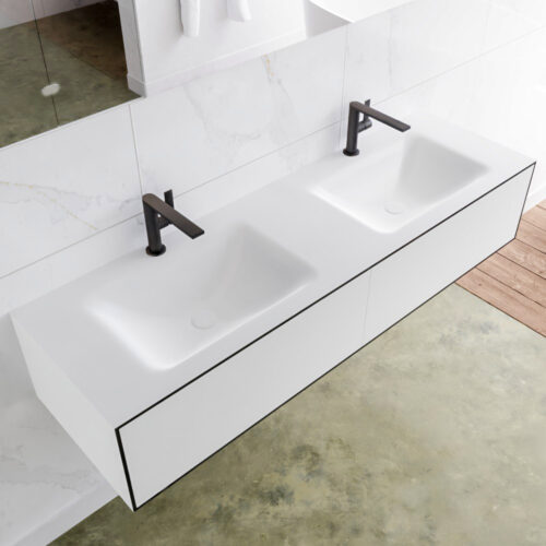 MONDIAZ LAGOM 150cm mueble de baño solid surface Urban 2 cajones lavabo CLOUD Doble 2 orificios