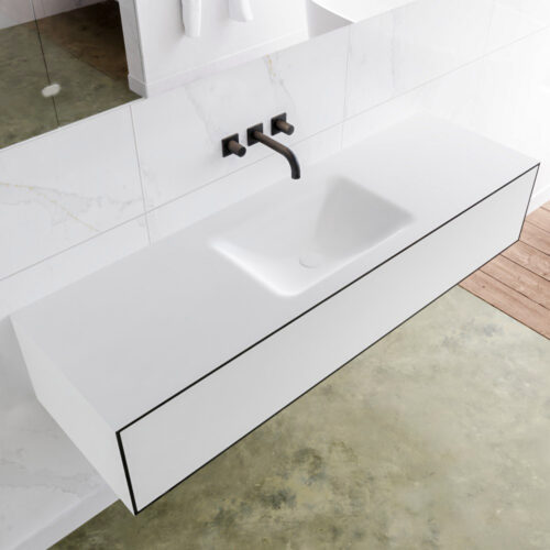 MONDIAZ LAGOM 150cm mueble de baño solid surface Urban 1 cajón lavabo CLOUD Centro sin orificio