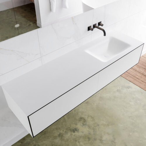 MONDIAZ LAGOM 160cm mueble de baño solid surface Urban 2 cajones lavabo CLOUD Derecho sin orificio