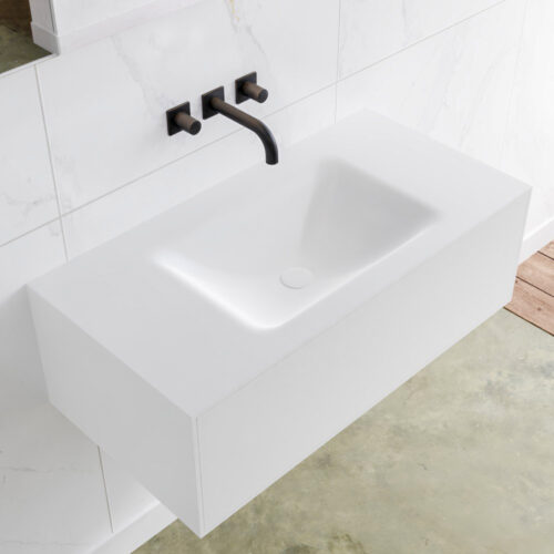 MONDIAZ LAGOM 90cm mueble de baño solid surface Talc 1 cajón lavabo CLOUD Centro sin orificio