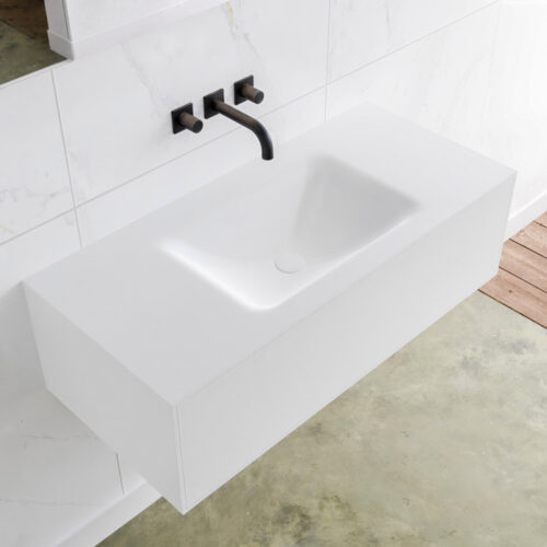 MONDIAZ LAGOM 100cm mueble de baño solid surface Talc 1 cajón lavabo CLOUD Centro sin orificio