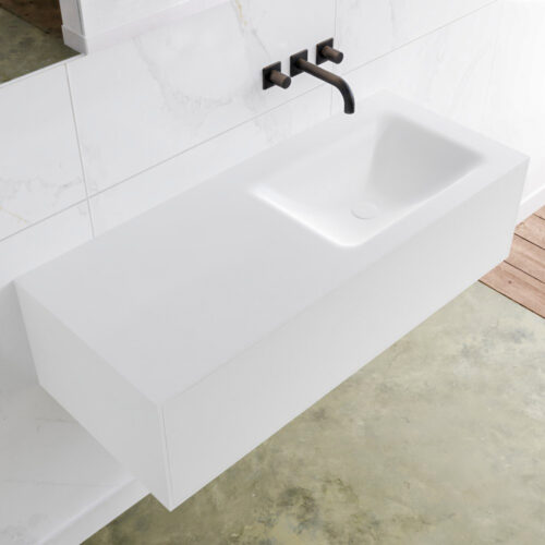 MONDIAZ LAGOM 110cm mueble de baño solid surface Talc 1 cajón lavabo CLOUD Derecho sin orificio