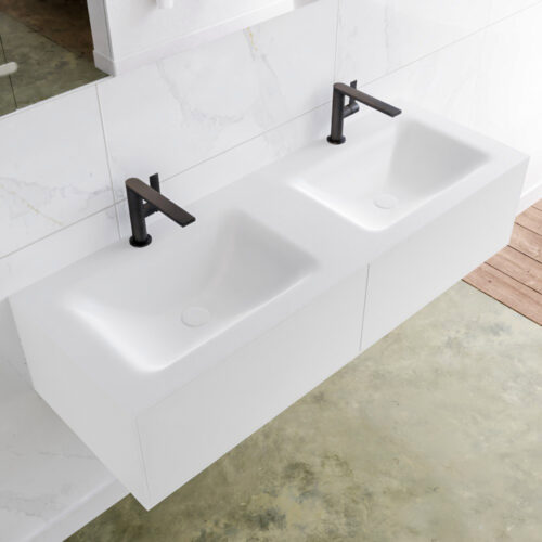 MONDIAZ LAGOM 130cm mueble de baño solid surface Talc 2 cajones lavabo CLOUD Doble 2 orificios