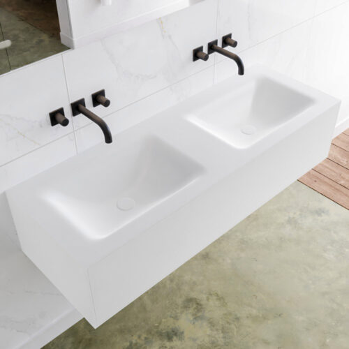 MONDIAZ LAGOM 130cm mueble de baño solid surface Talc 1 cajón lavabo CLOUD Doble sin orificio