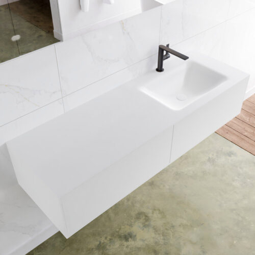 MONDIAZ LAGOM 140cm mueble de baño solid surface Talc 2 cajones lavabo CLOUD Derecho 1 orificio