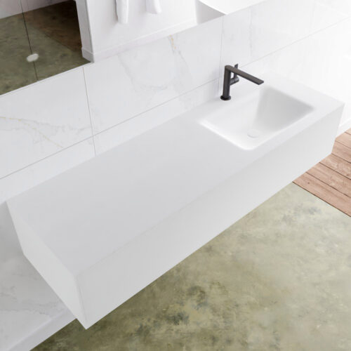 MONDIAZ LAGOM 150cm mueble de baño solid surface Talc 1 cajón lavabo CLOUD Derecho 1 orificio